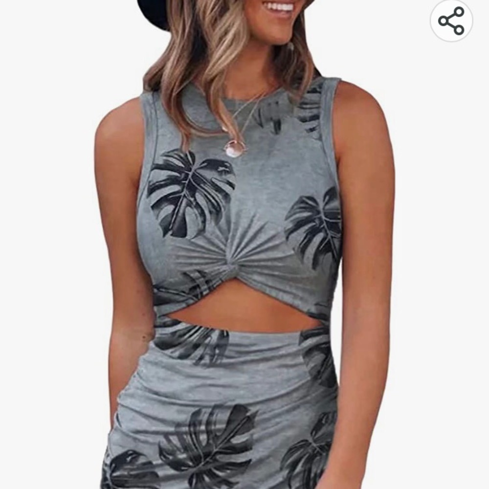 Grey blue palm leaf hollow out ruched dress 🌸